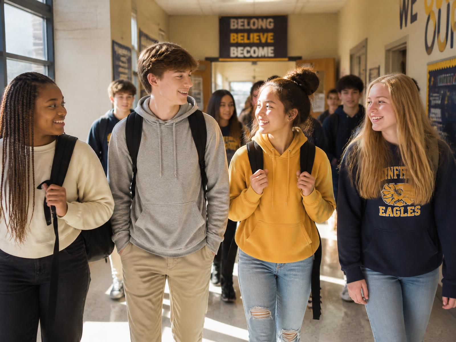 Students walking together through a bright school hallway with backpacks